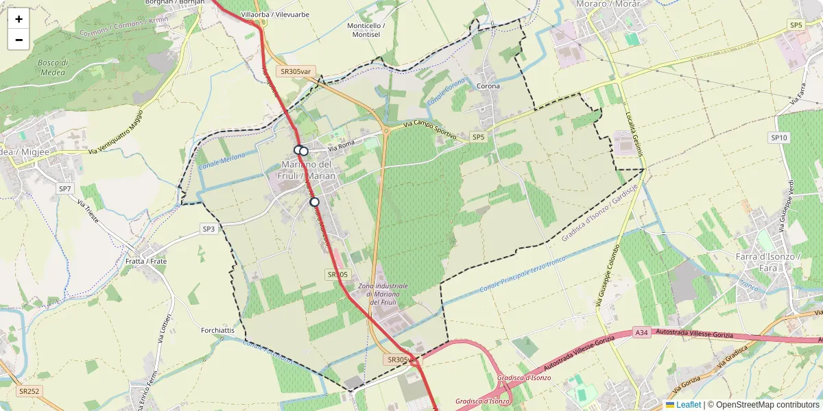 Mappa dettagliata del trasporto pubblico a Mariano del Friuli / Marian con linee autobus, tram e collegamenti