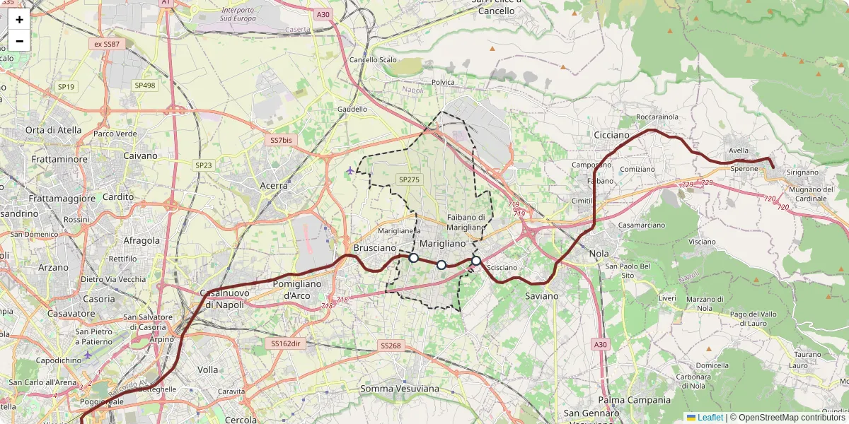 Mappa dettagliata del trasporto pubblico a Marigliano con linee autobus, tram e collegamenti
