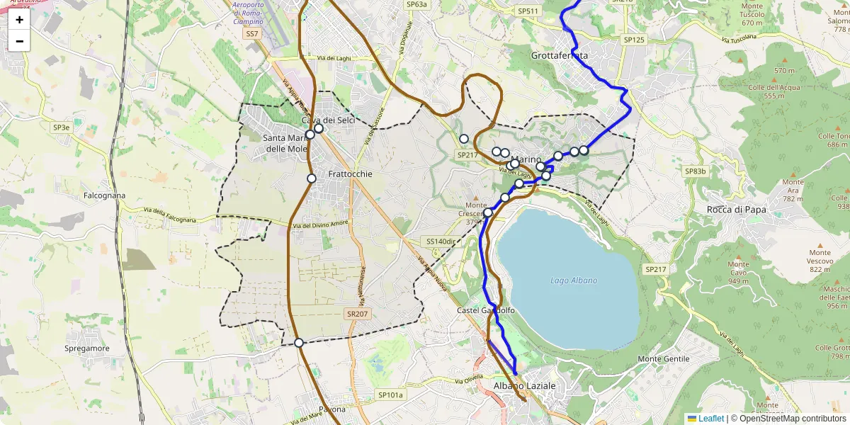 Mappa dettagliata del trasporto pubblico a Marino con linee autobus, tram e collegamenti
