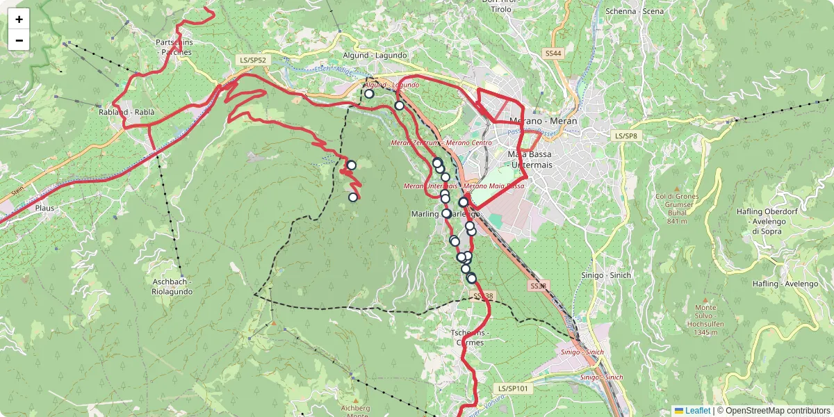 Mappa dettagliata del trasporto pubblico a Marling - Marlengo con linee autobus, tram e collegamenti