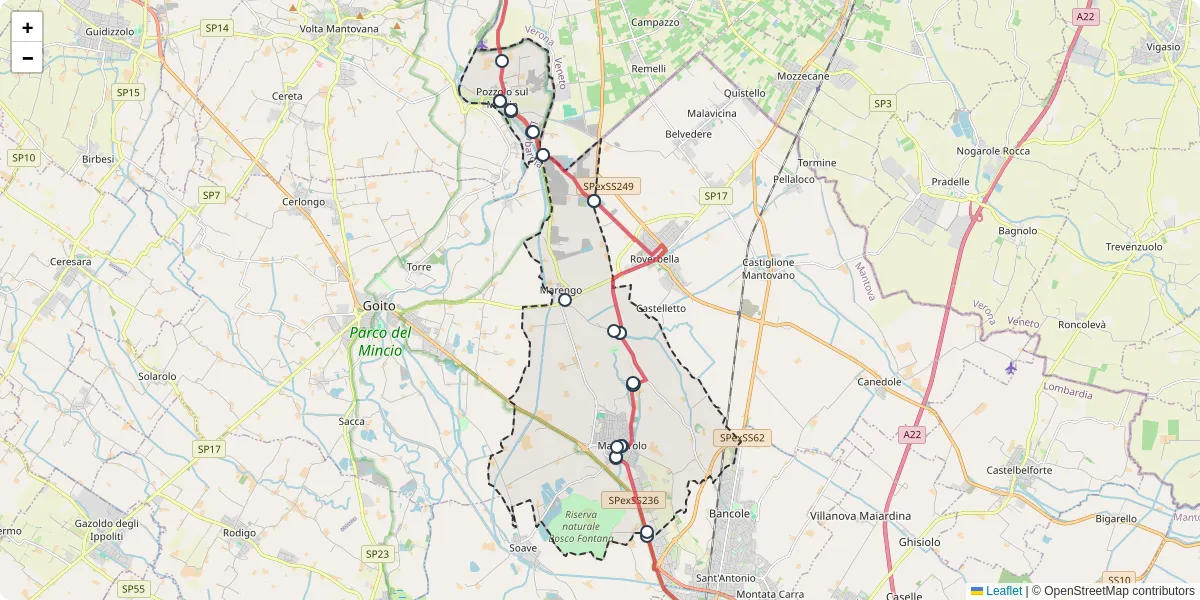 Mappa dettagliata del trasporto pubblico a Marmirolo con linee autobus, tram e collegamenti