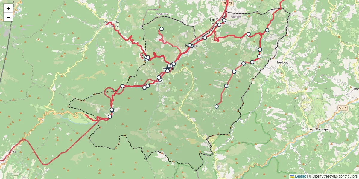 Mappa dettagliata del trasporto pubblico a Marradi con linee autobus, tram e collegamenti