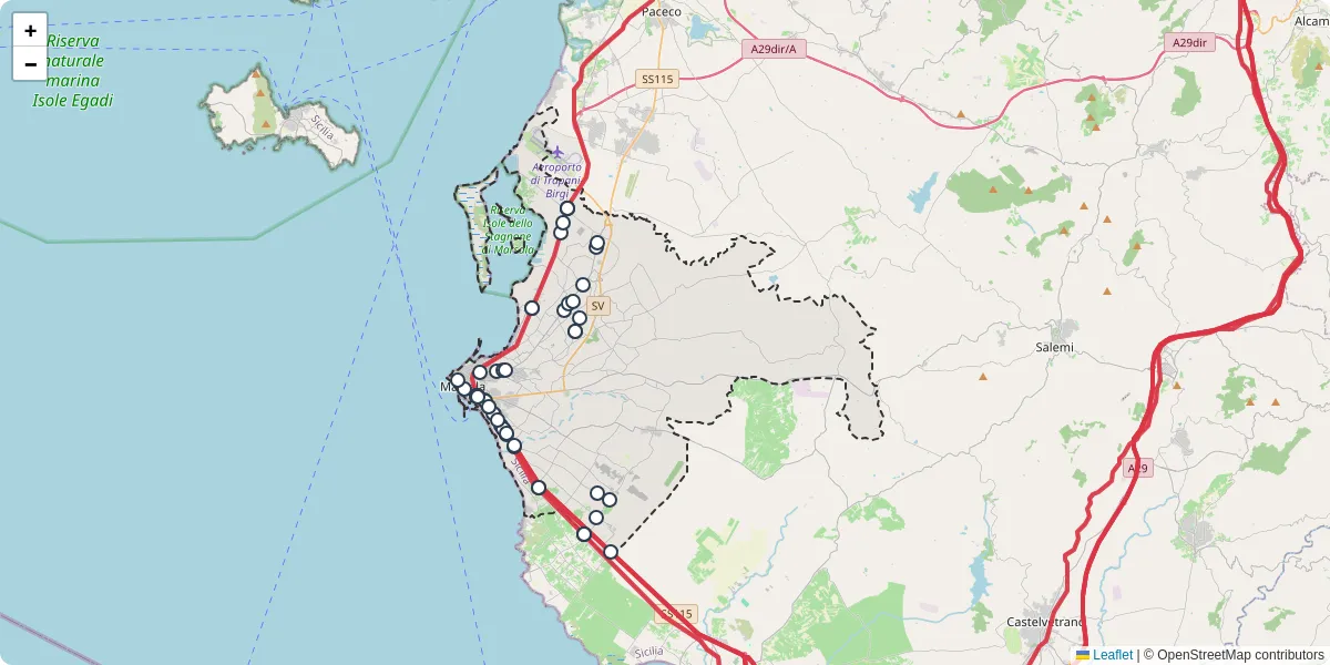 Mappa dettagliata del trasporto pubblico a Marsala con linee autobus, tram e collegamenti