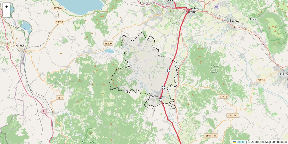 Mappa dettagliata del trasporto pubblico a Marsciano con linee autobus, tram e collegamenti