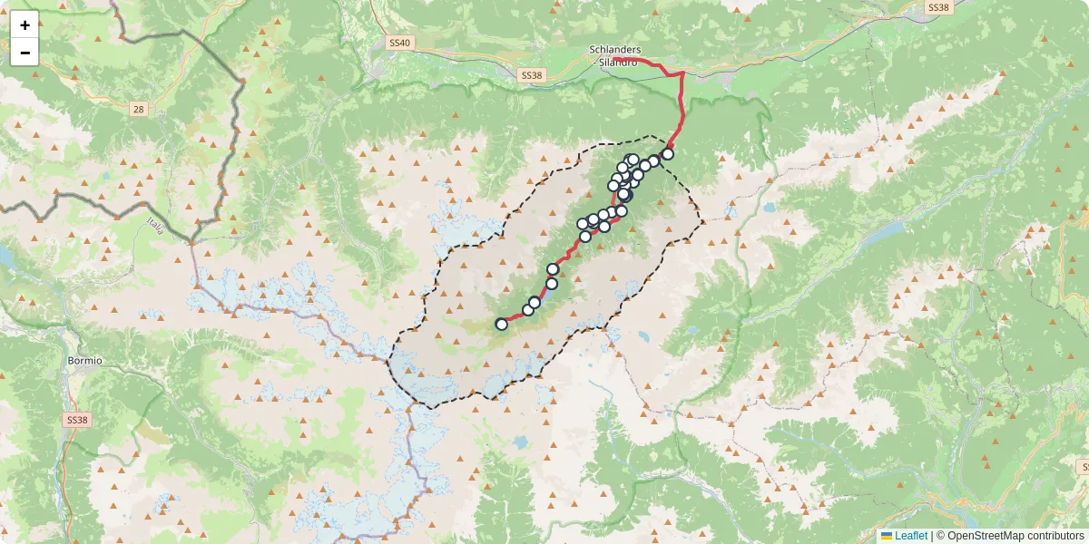 Mappa dettagliata del trasporto pubblico a Martell - Martello con linee autobus, tram e collegamenti