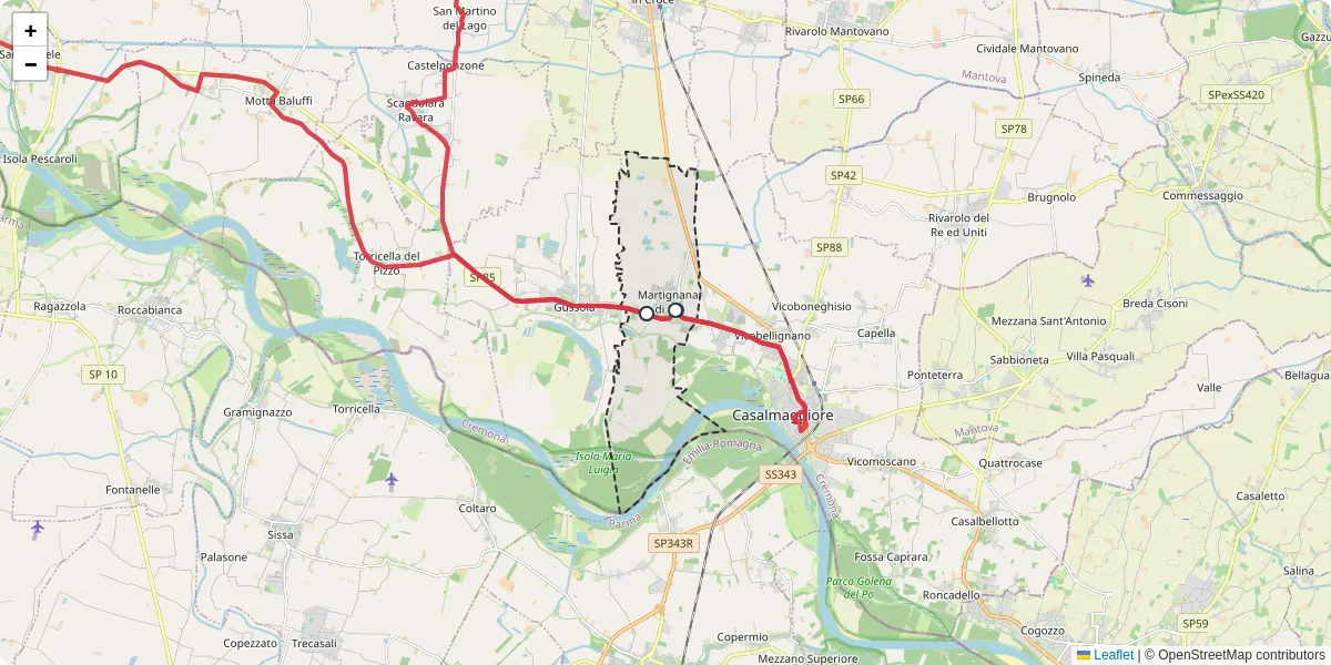 Mappa dettagliata del trasporto pubblico a Martignana di Po con linee autobus, tram e collegamenti