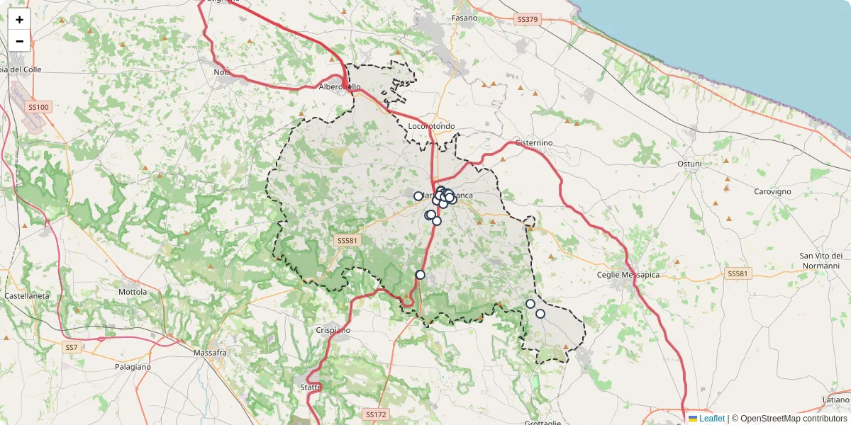 Mappa dettagliata del trasporto pubblico a Martina Franca con linee autobus, tram e collegamenti