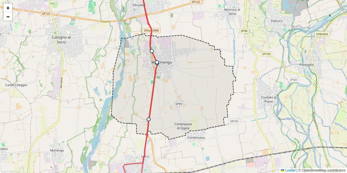 Mappa dettagliata del trasporto pubblico a Martinengo con linee autobus, tram e collegamenti