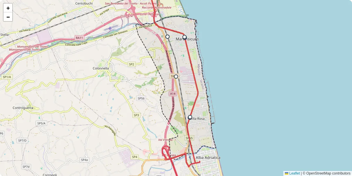 Mappa dettagliata del trasporto pubblico a Martinsicuro con linee autobus, tram e collegamenti
