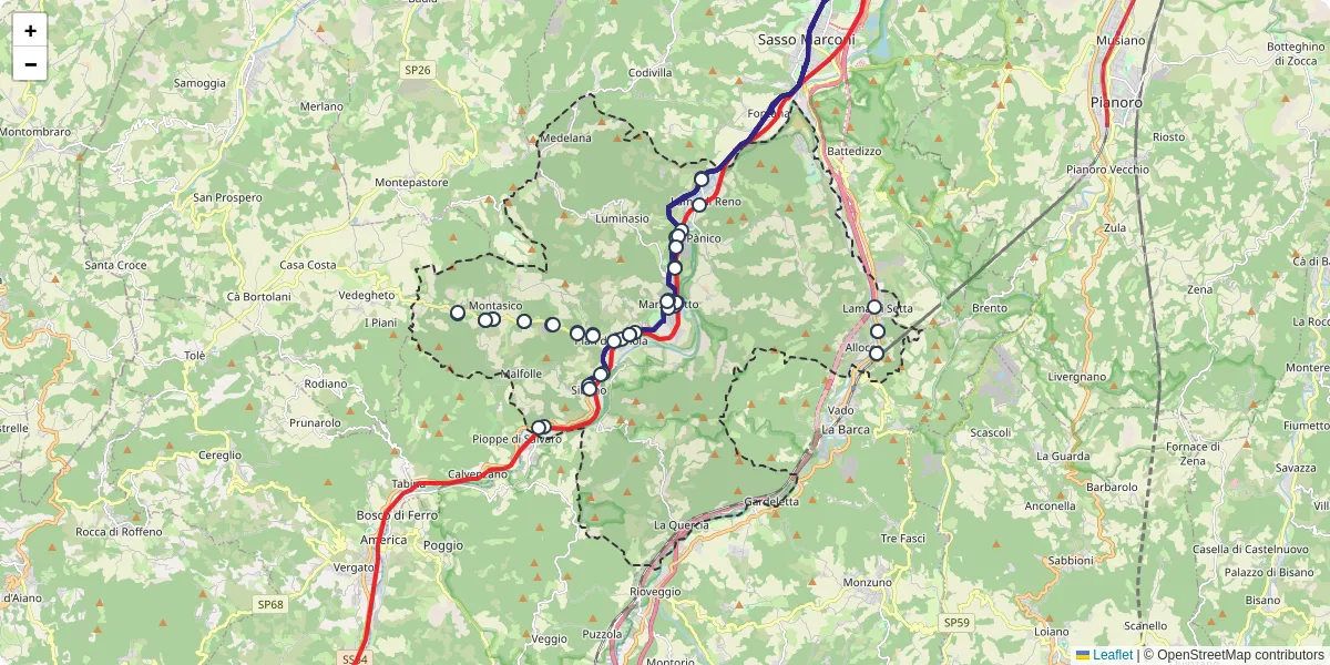 Mappa dettagliata del trasporto pubblico a Marzabotto con linee autobus, tram e collegamenti