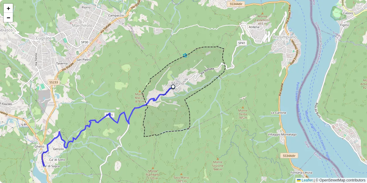 Mappa dettagliata del trasporto pubblico a Marzio con linee autobus, tram e collegamenti