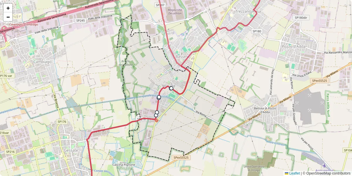 Mappa dettagliata del trasporto pubblico a Masate con linee autobus, tram e collegamenti