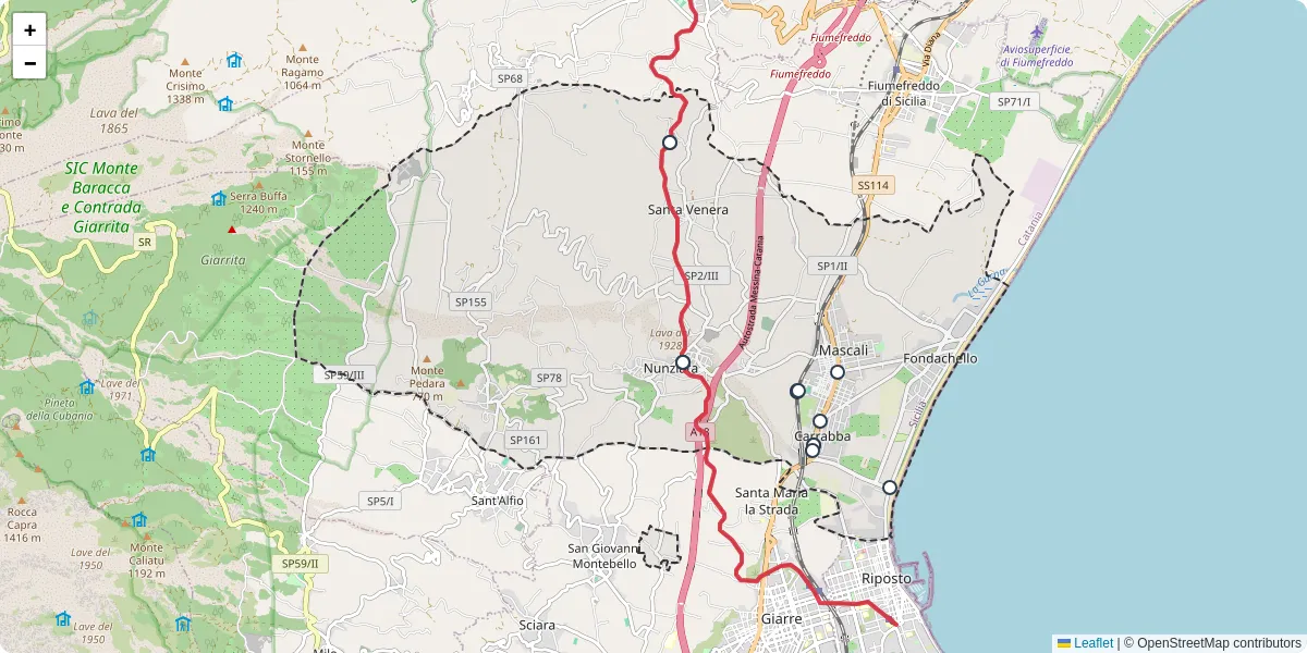 Mappa dettagliata del trasporto pubblico a Mascali con linee autobus, tram e collegamenti