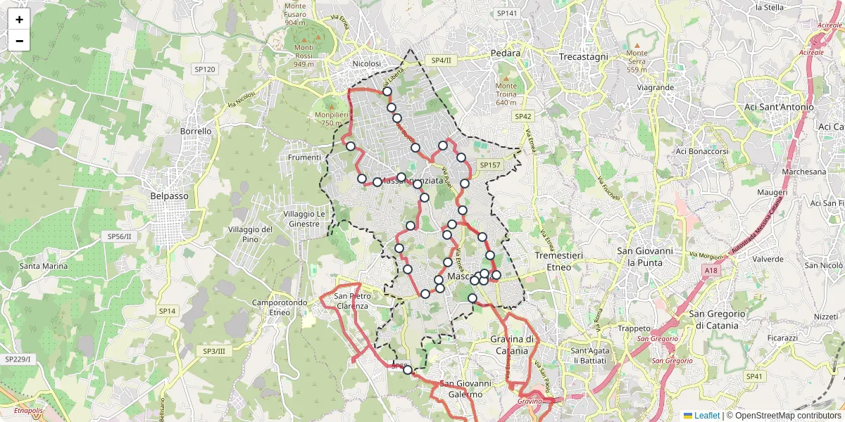 Mappa dettagliata del trasporto pubblico a Mascalucia con linee autobus, tram e collegamenti