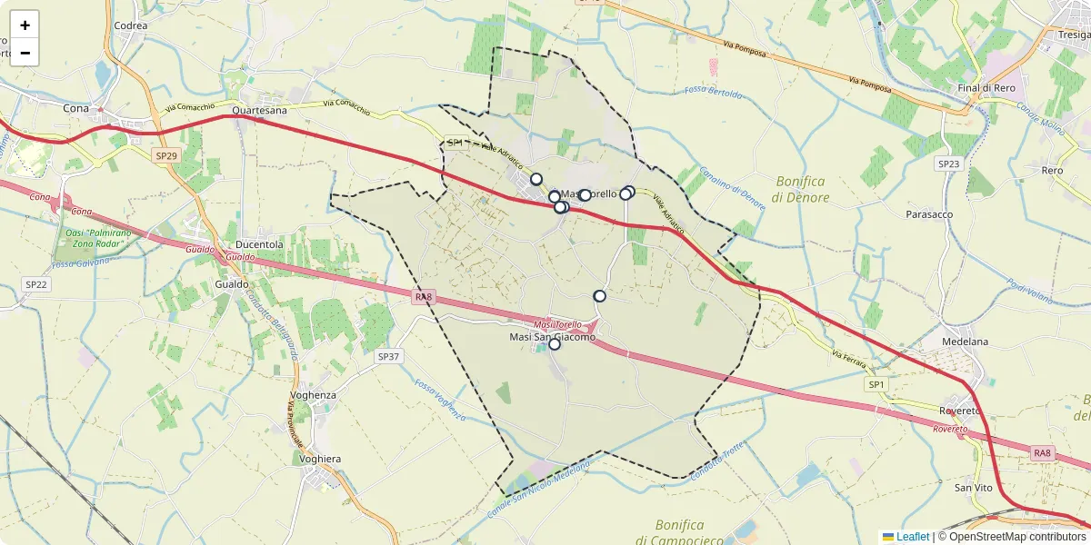 Mappa dettagliata del trasporto pubblico a Masi Torello con linee autobus, tram e collegamenti