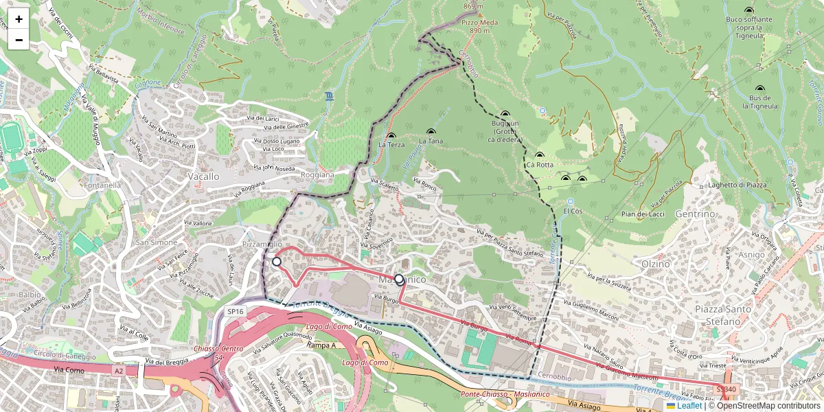 Mappa dettagliata del trasporto pubblico a Maslianico con linee autobus, tram e collegamenti