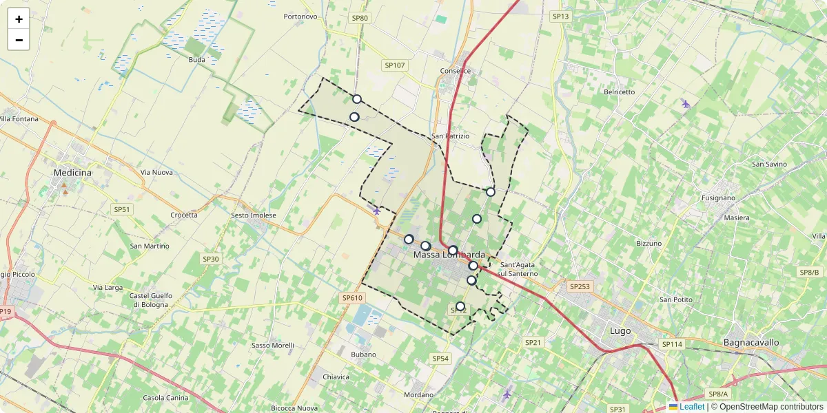 Mappa dettagliata del trasporto pubblico a Massa Lombarda con linee autobus, tram e collegamenti