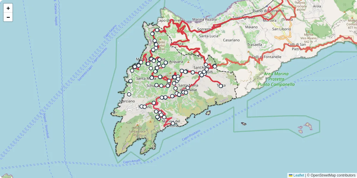 Mappa dettagliata del trasporto pubblico a Massa Lubrense con linee autobus, tram e collegamenti