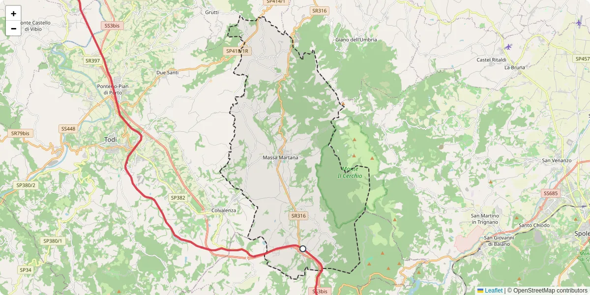 Mappa dettagliata del trasporto pubblico a Massa Martana con linee autobus, tram e collegamenti