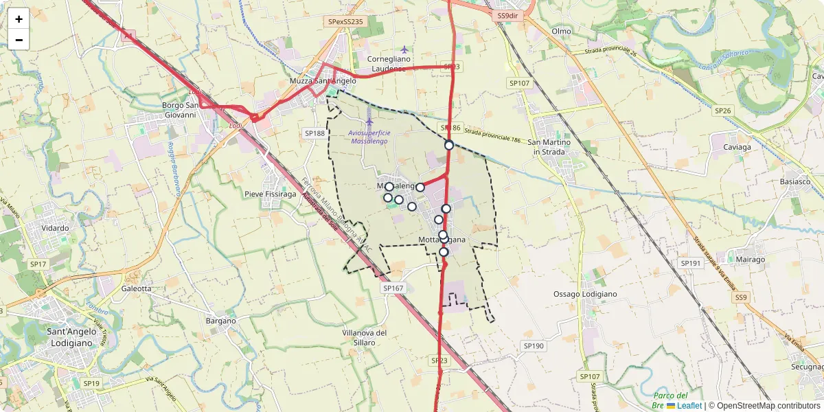 Mappa dettagliata del trasporto pubblico a Massalengo con linee autobus, tram e collegamenti