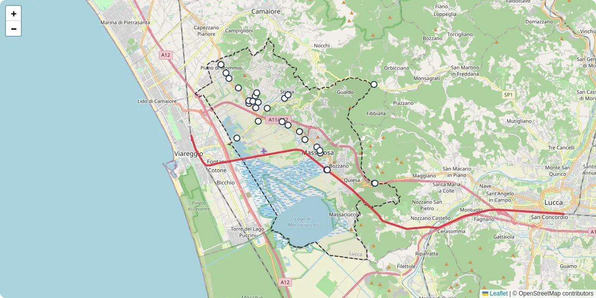 Mappa dettagliata del trasporto pubblico a Massarosa con linee autobus, tram e collegamenti