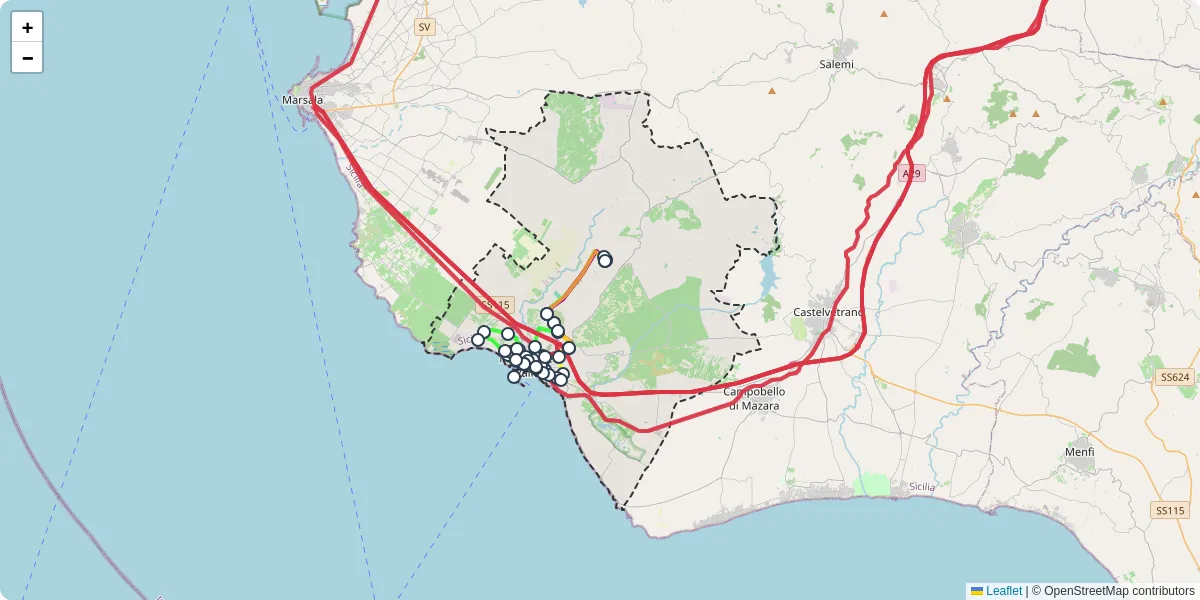 Mappa dettagliata del trasporto pubblico a Mazara del Vallo con linee autobus, tram e collegamenti