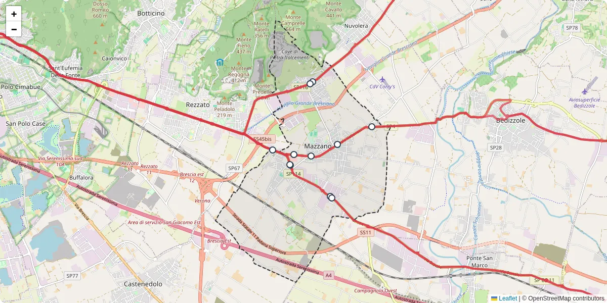 Mappa dettagliata del trasporto pubblico a Mazzano con linee autobus, tram e collegamenti
