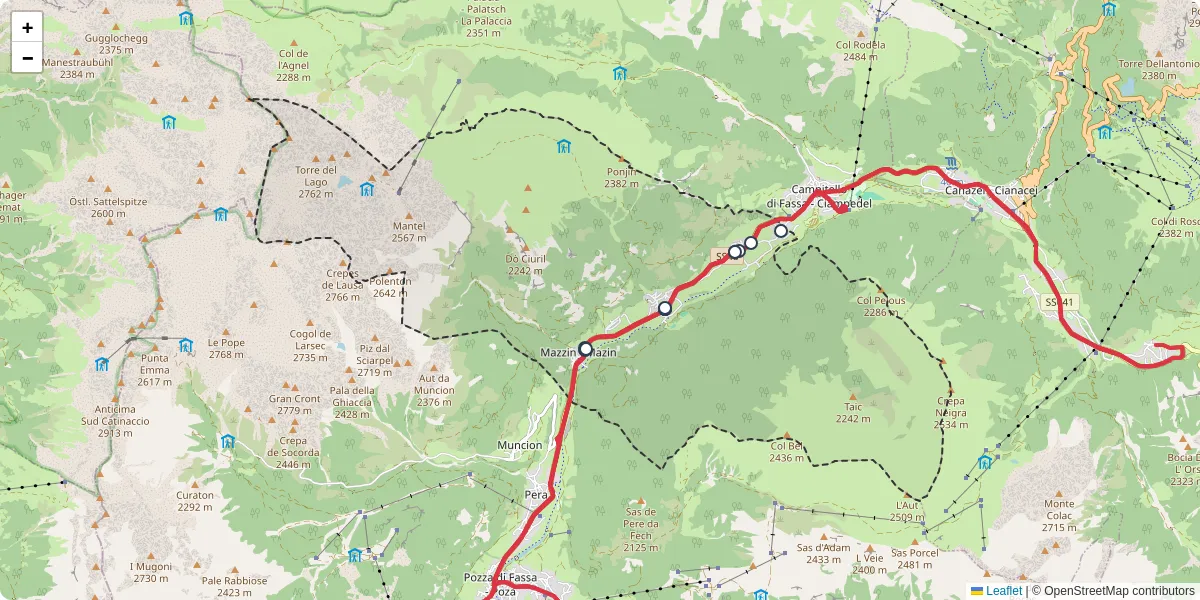 Mappa dettagliata del trasporto pubblico a Mazzin con linee autobus, tram e collegamenti