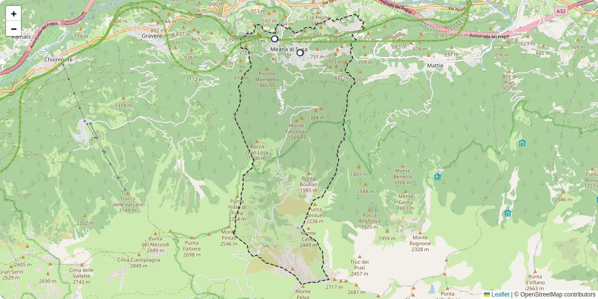 Mappa dettagliata del trasporto pubblico a Meana di Susa con linee autobus, tram e collegamenti