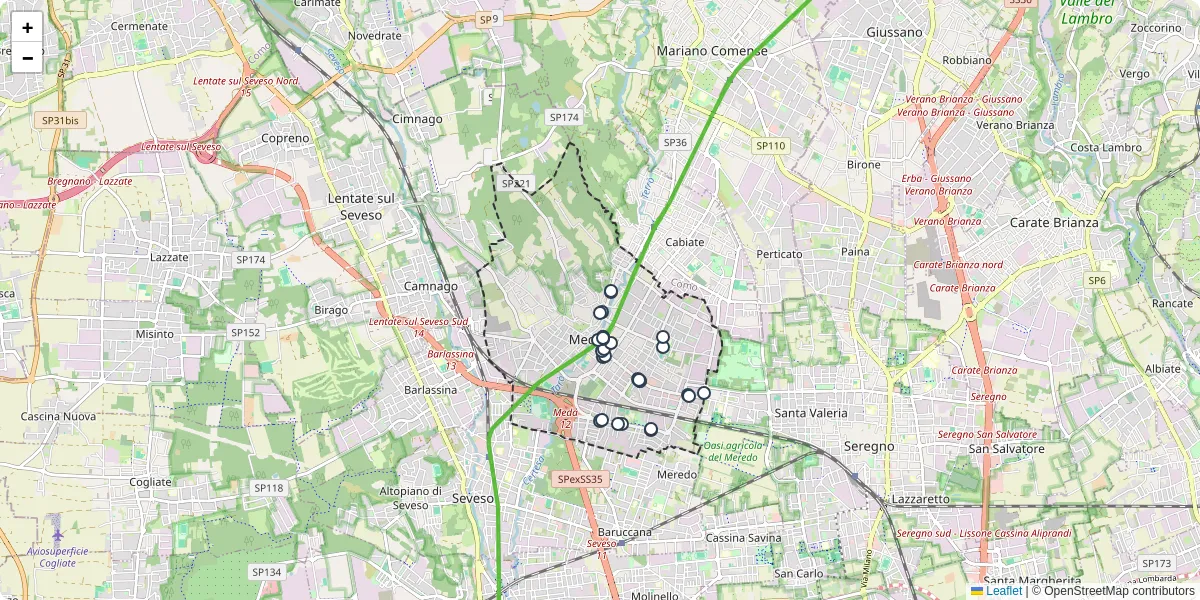 Mappa dettagliata del trasporto pubblico a Meda con linee autobus, tram e collegamenti