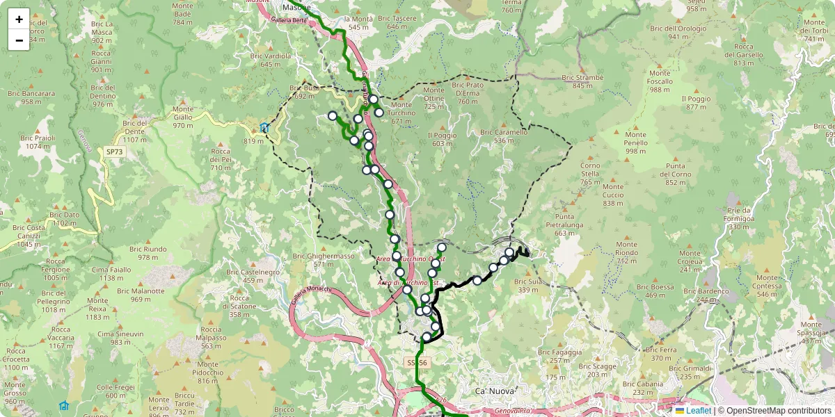 Mappa dettagliata del trasporto pubblico a Mele con linee autobus, tram e collegamenti