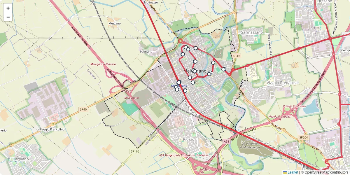 Mappa dettagliata del trasporto pubblico a Melegnano con linee autobus, tram e collegamenti