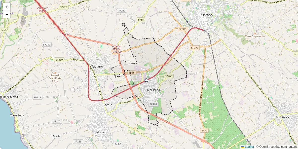 Mappa dettagliata del trasporto pubblico a Melissano con linee autobus, tram e collegamenti