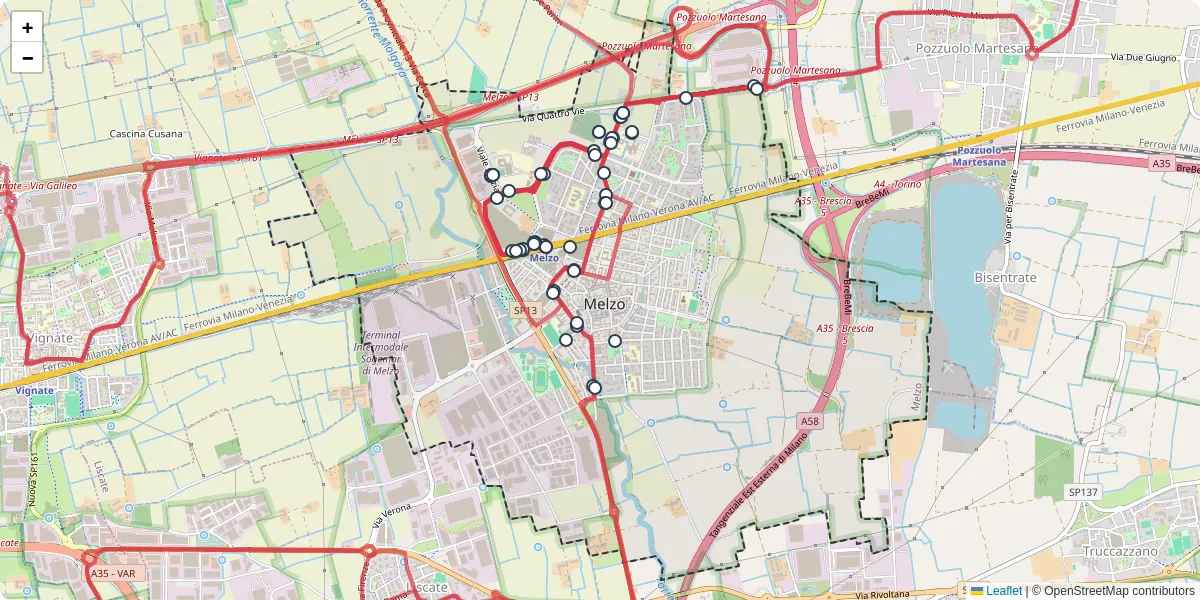 Mappa dettagliata del trasporto pubblico a Melzo con linee autobus, tram e collegamenti