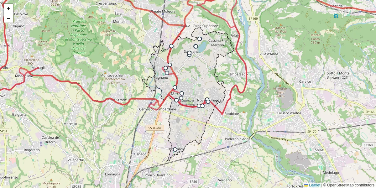 Mappa dettagliata del trasporto pubblico a Merate con linee autobus, tram e collegamenti