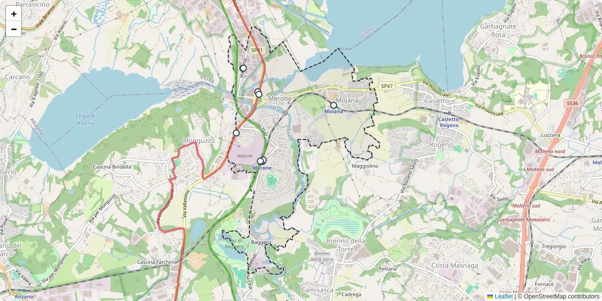 Mappa dettagliata del trasporto pubblico a Merone con linee autobus, tram e collegamenti