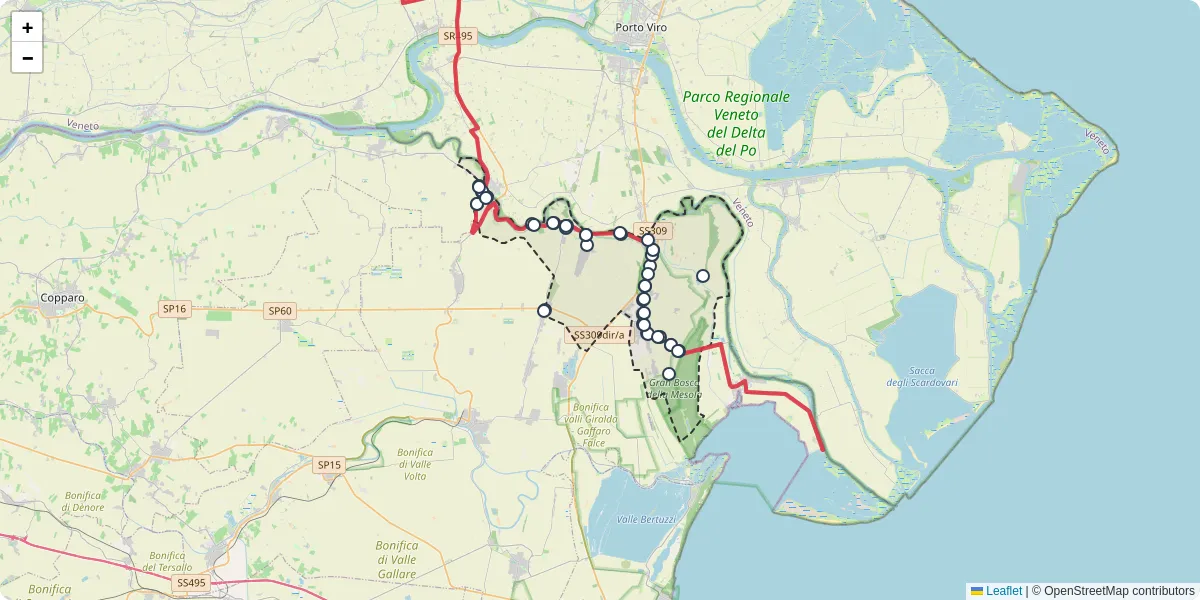 Mappa dettagliata del trasporto pubblico a Mesola con linee autobus, tram e collegamenti