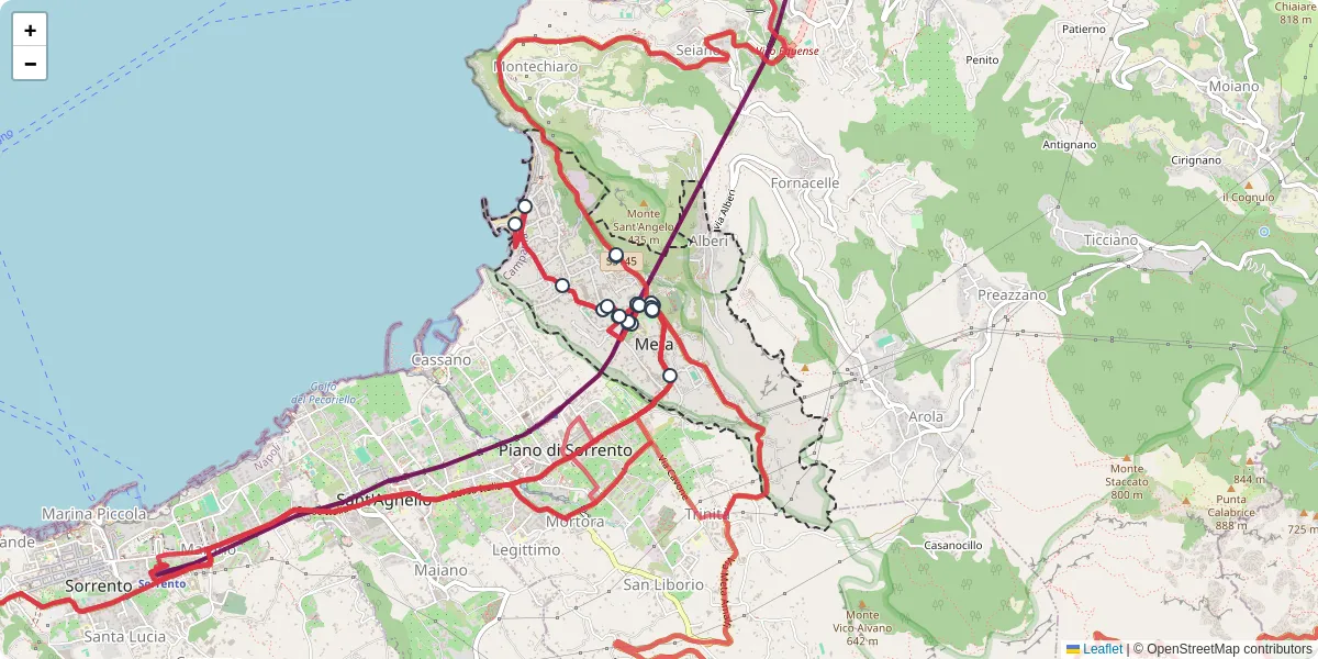 Mappa dettagliata del trasporto pubblico a Meta con linee autobus, tram e collegamenti