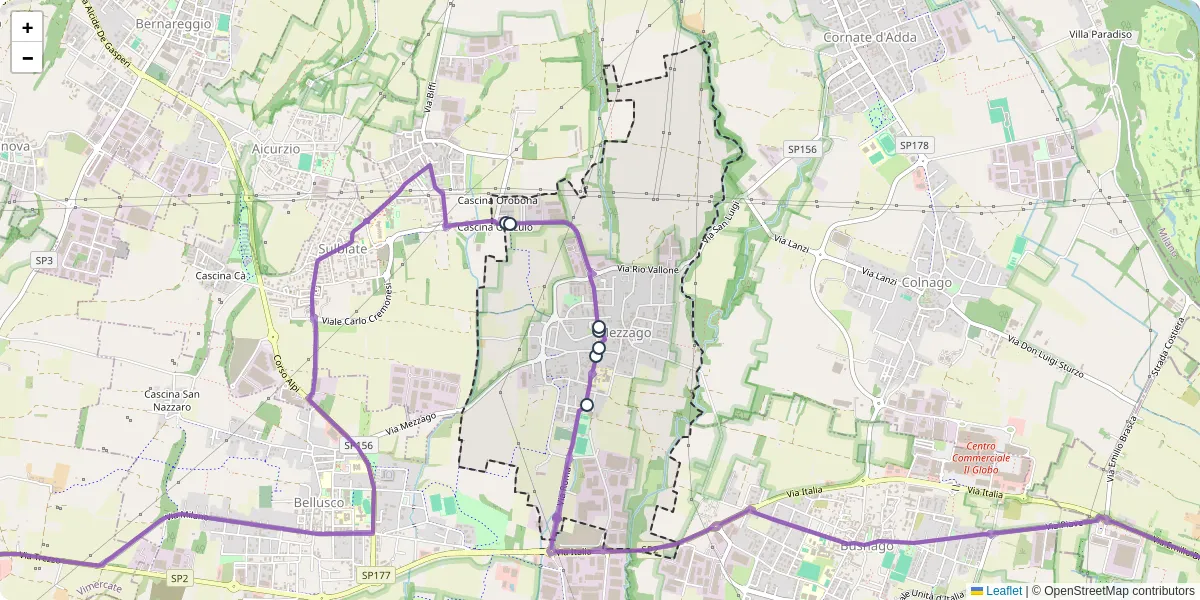 Mappa dettagliata del trasporto pubblico a Mezzago con linee autobus, tram e collegamenti