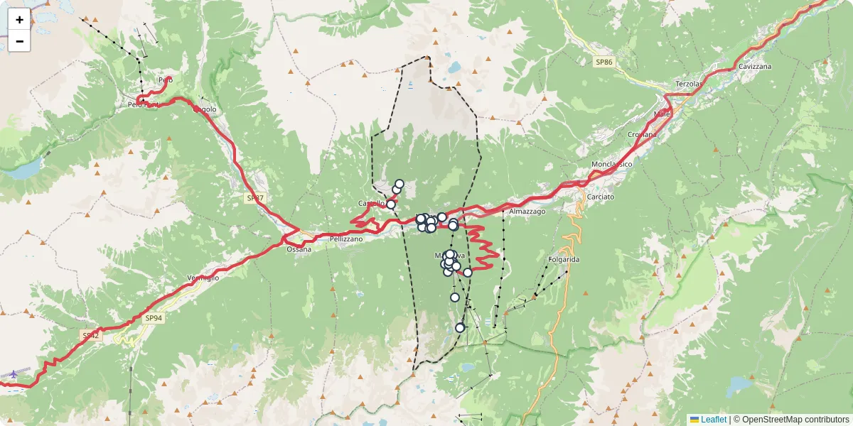 Mappa dettagliata del trasporto pubblico a Mezzana con linee autobus, tram e collegamenti