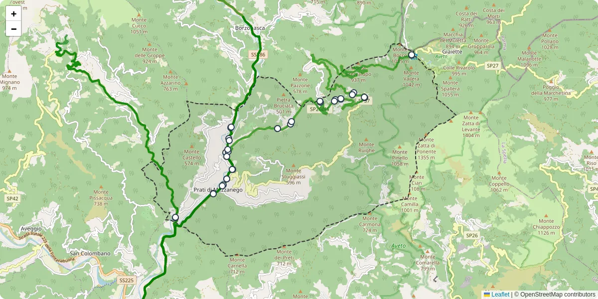 Mappa dettagliata del trasporto pubblico a Mezzanego con linee autobus, tram e collegamenti