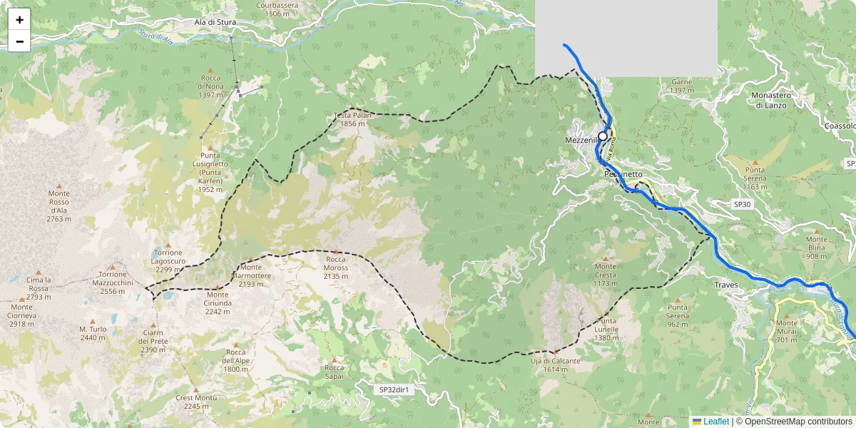 Mappa dettagliata del trasporto pubblico a Mezzenile con linee autobus, tram e collegamenti