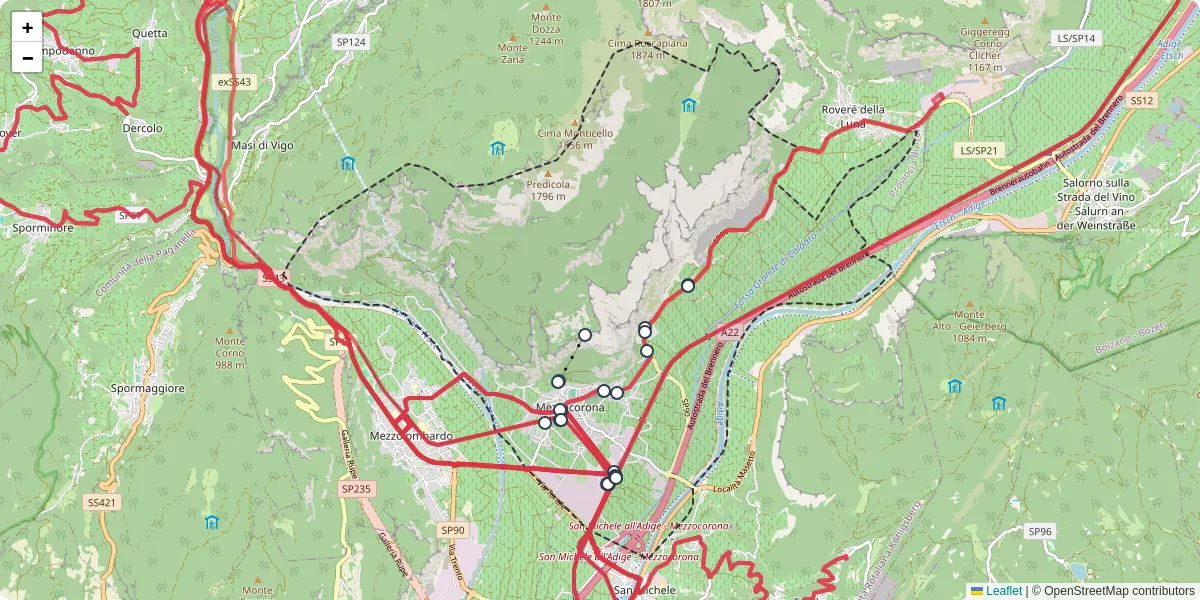 Mappa dettagliata del trasporto pubblico a Mezzocorona con linee autobus, tram e collegamenti