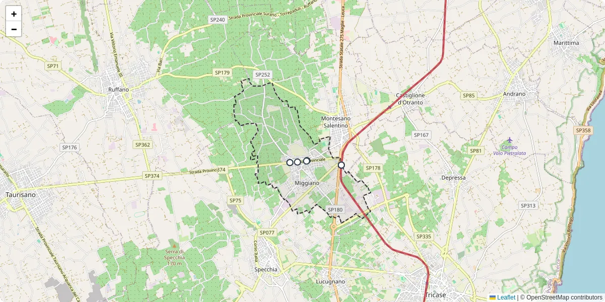 Mappa dettagliata del trasporto pubblico a Miggiano con linee autobus, tram e collegamenti