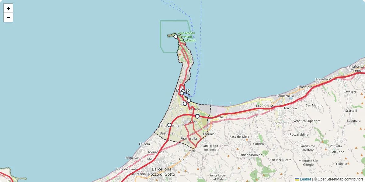 Mappa dettagliata del trasporto pubblico a Milazzo con linee autobus, tram e collegamenti