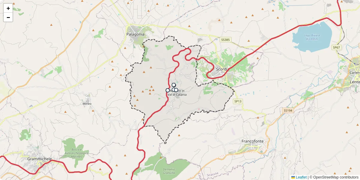 Mappa dettagliata del trasporto pubblico a Militello in Val di Catania con linee autobus, tram e collegamenti