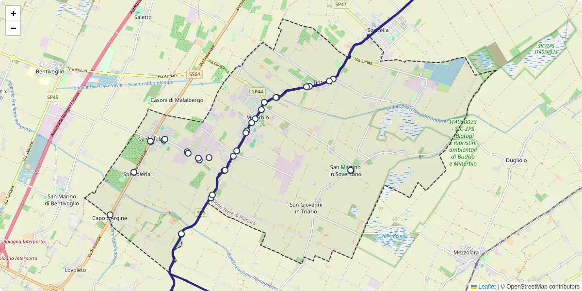 Mappa dettagliata del trasporto pubblico a Minerbio con linee autobus, tram e collegamenti