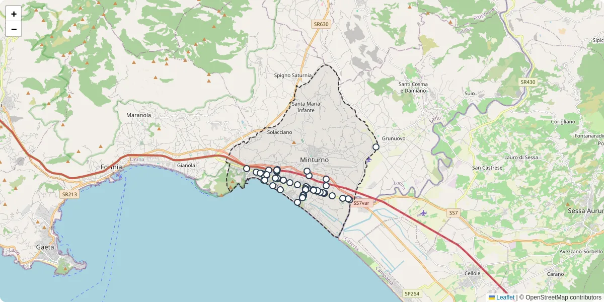Mappa dettagliata del trasporto pubblico a Minturno con linee autobus, tram e collegamenti