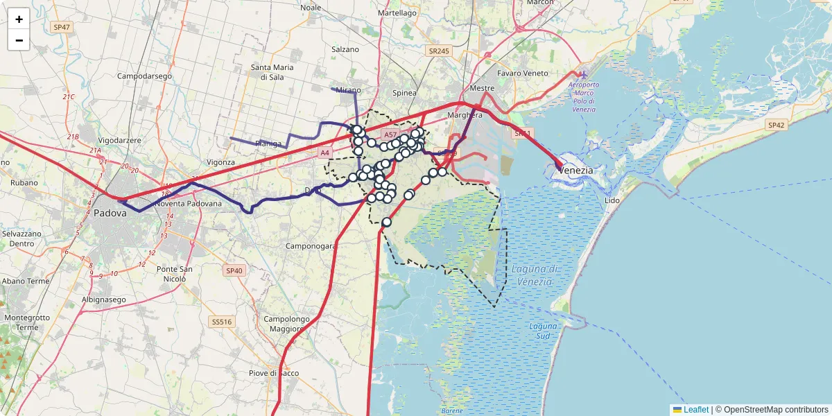 Mappa dettagliata del trasporto pubblico a Mira con linee autobus, tram e collegamenti