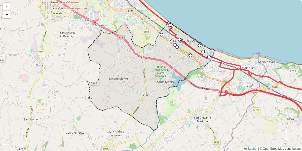 Mappa dettagliata del trasporto pubblico a Misano Adriatico con linee autobus, tram e collegamenti